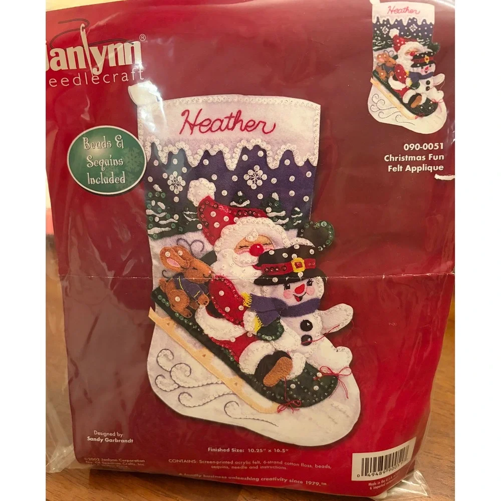 Vintage Jalynn Christmas Fun Felt Sequin Stocking Kit Santa Snowman Sledding